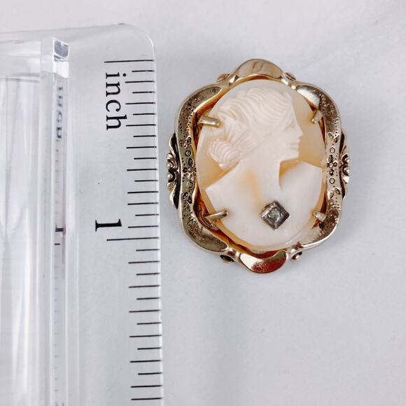 Vintage Coro Cameo Brooch 40s-50s Diamond Accent 10K Gold Plated Shell Carving - Picture 7 of 11